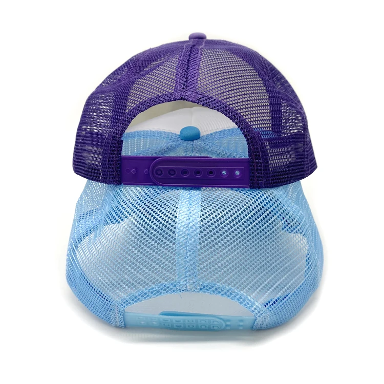 High quality Comfortable New Design 5-Panel Trucker Hats Custom  printing Logo Foam Trucker Hats blue and purple Mesh Caps