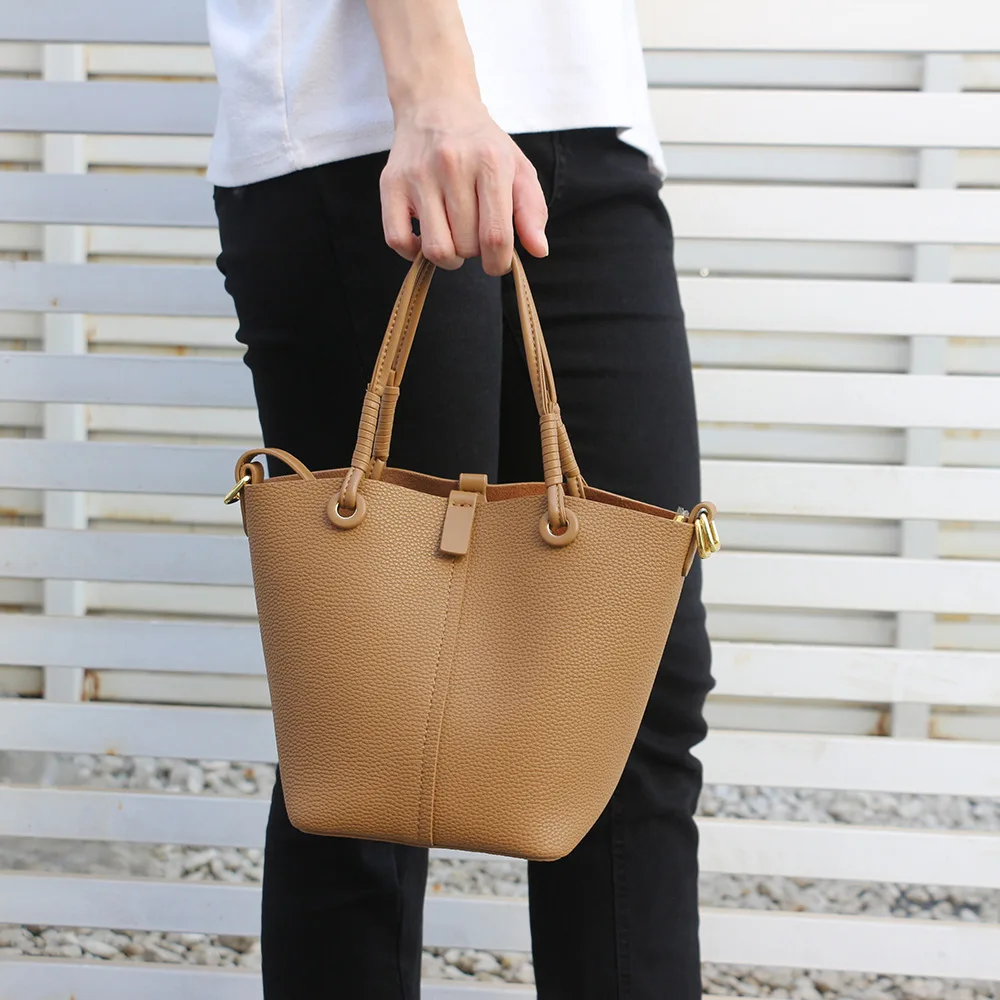 Custom wholesale 2024 ladies high-end vintage handbags Lychee pattern Genuine Leather Shoulder crossbody bucket bag for women