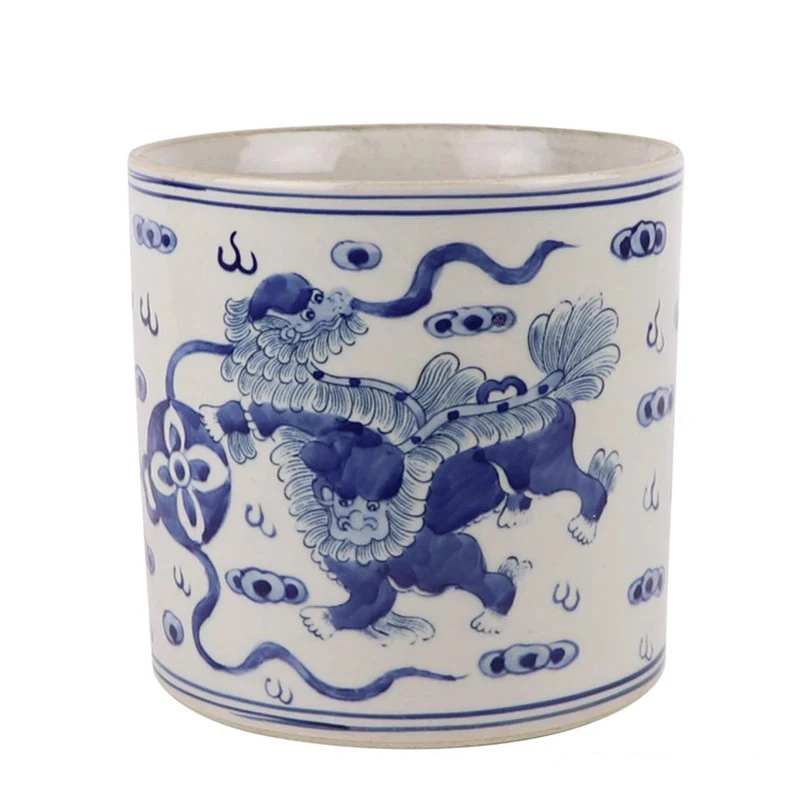 Antique Jingdezhen Blue White Lion Pattern Ceramic Planter Pot Vase Hand Painted Traditional Floor Vase with Personal Tailoring
