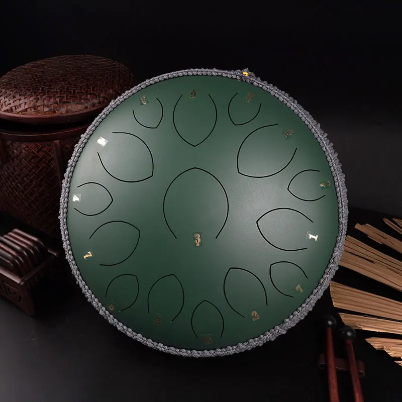 Factory offer the big size  design 14 inch (35 cm) 15 tongue dark green  hank drum D key balmy drum  steel tongue drum