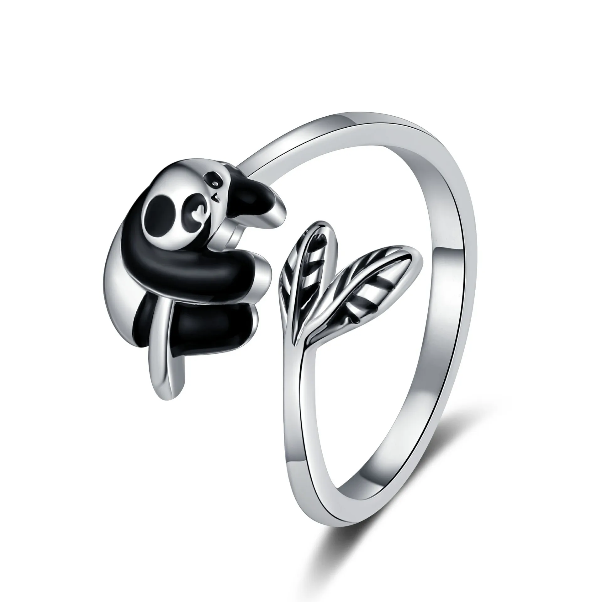 Platinum Plated Open Adjustable Ring for Women Daily Waer Index Finger Ring Cute Panda Design Enamel Rings