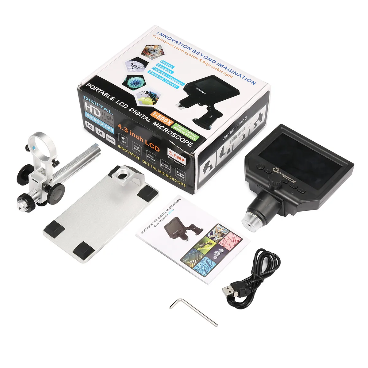 G600 600X 3.6MP Digital Microscope 4.3inch HD LCD Phone Repair Magnifier with Metal Stand and 8 LED