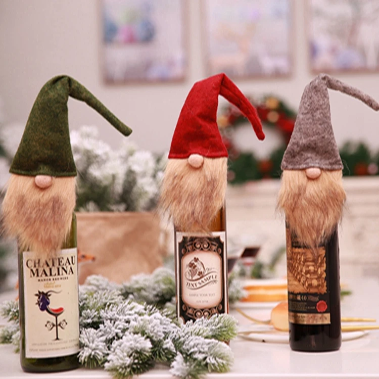 Red/Green/Grey Christmas Wine Bottle Cover Christmas Gnomes Wine Bottle Toppers Dress for Holiday Christmas Decorations
