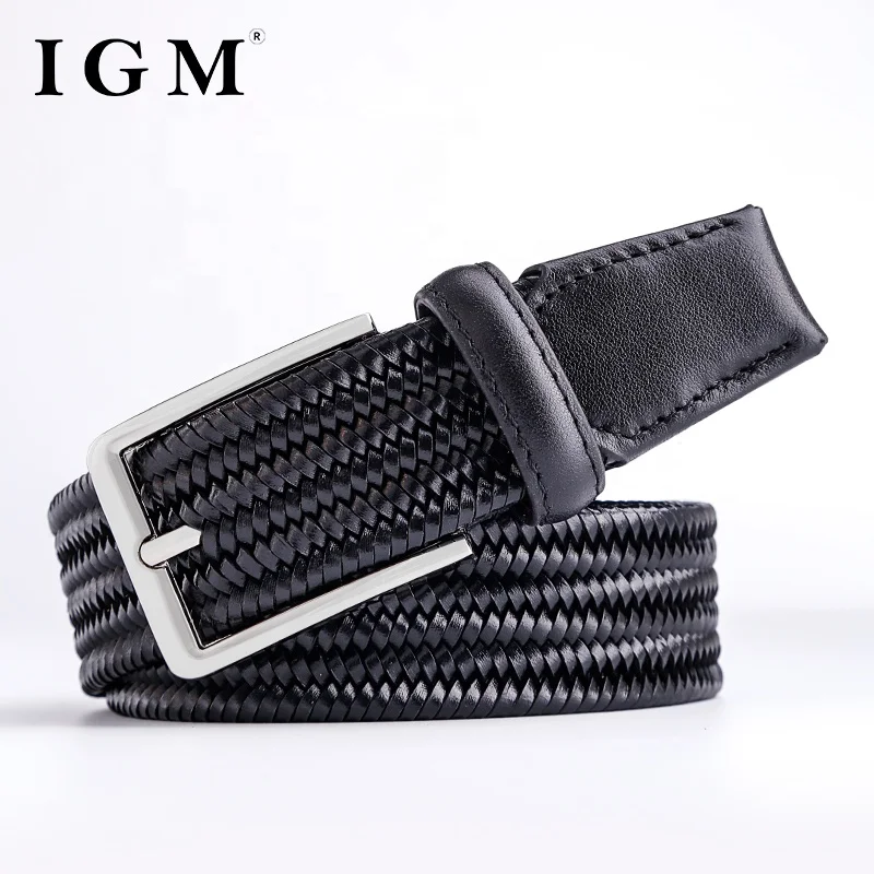 IGM Knitted Elastic Leather Braided Mens Jeans Vintage Italian Full Grain Bonded Leather Belt