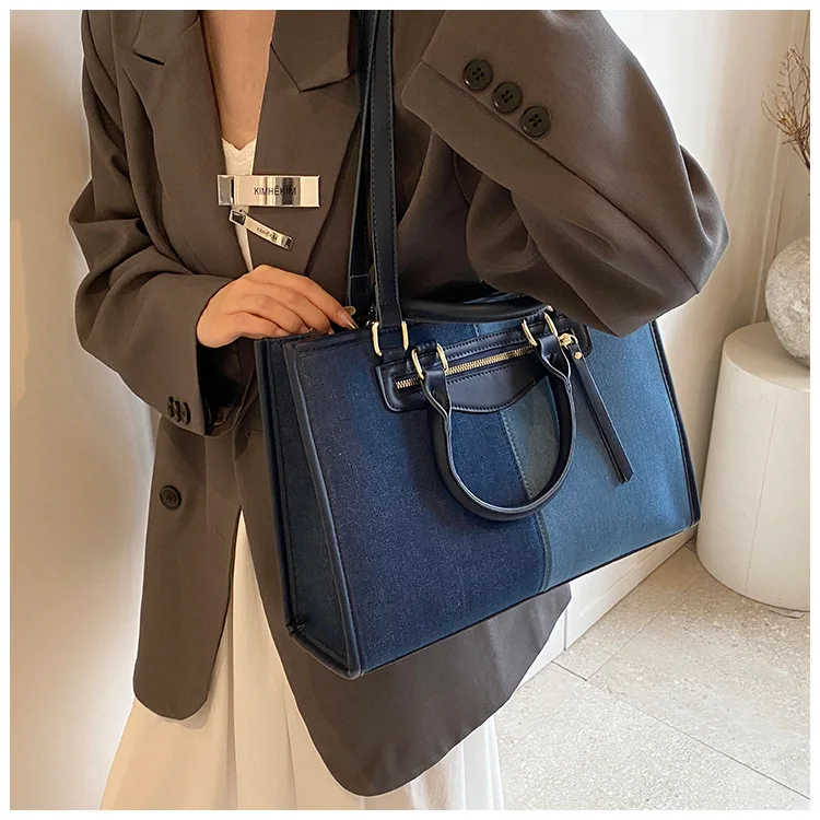 sac a main Denim Tote Handbag For Women Top Handle Denim Patchwork Purses and Handbags Satchel Tote Shoulder Bag With Pocket