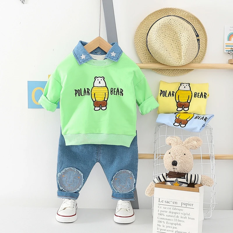 
2020 Comfortable spring bear cartoon cowboy collar two piece baby sets 