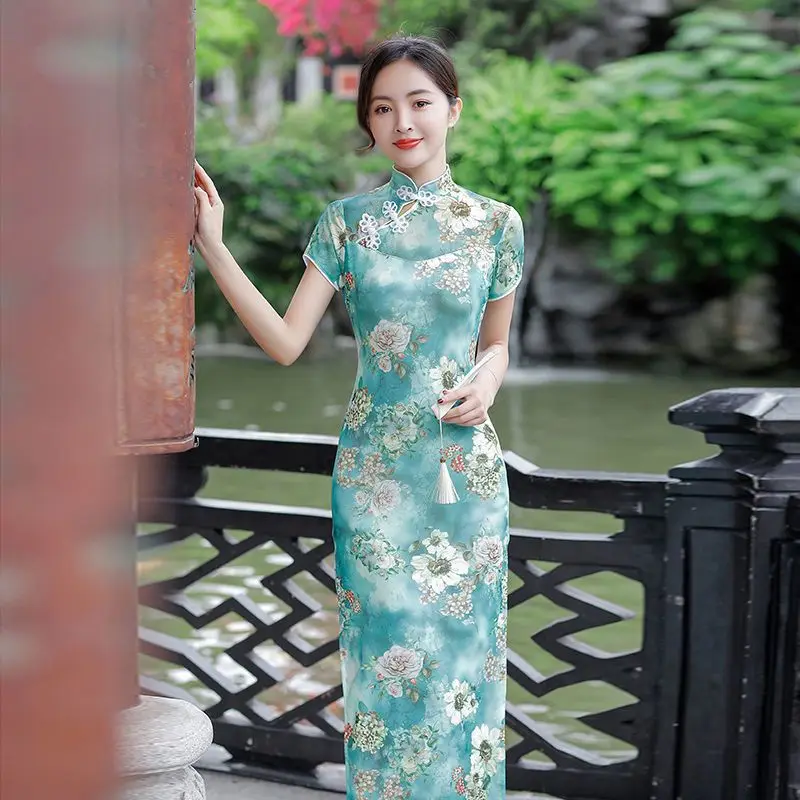 Fashion flower printing women casual cheongsam medium style ladies large size vintage dress on sale