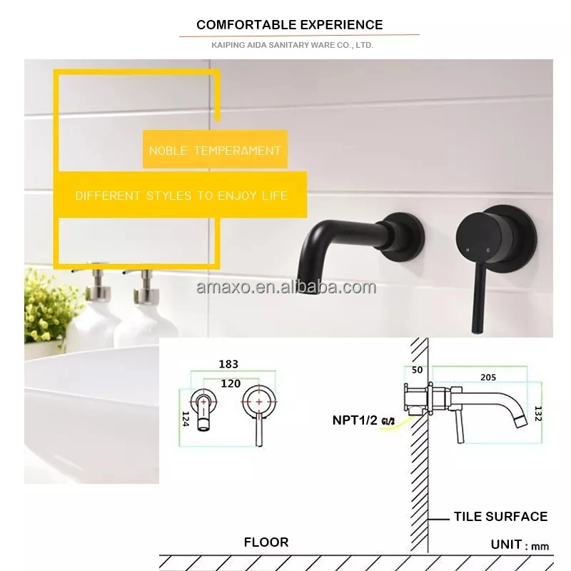 Hot Sale Single Hole Simple Brass Wall Mounted Bathroom Basin Mixer Black Concealed Faucet for Basin