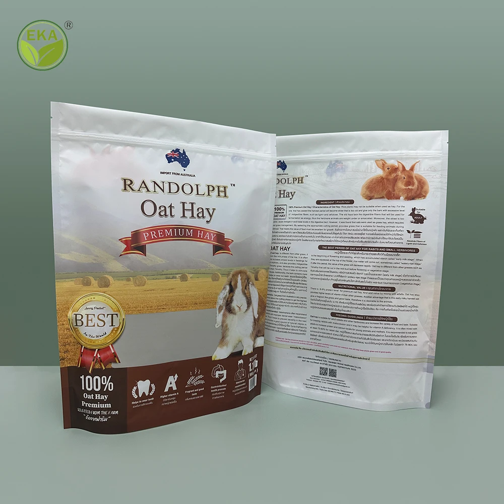 Minlee Keep Fresh Plastic Sealable Retail Custom Logo White Clear Pet Hay Food Packaging Stand Up Ziplock Plastic Bag