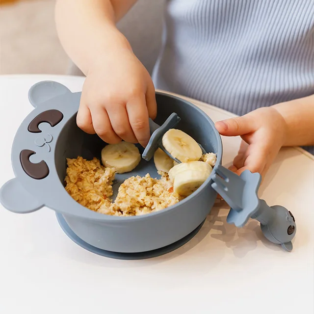 ES-Pro Custom Mini Bear-Shaped Silicone Baby Spoon Fork Set for First Stage Independent Feeding Tableware for Baby Training