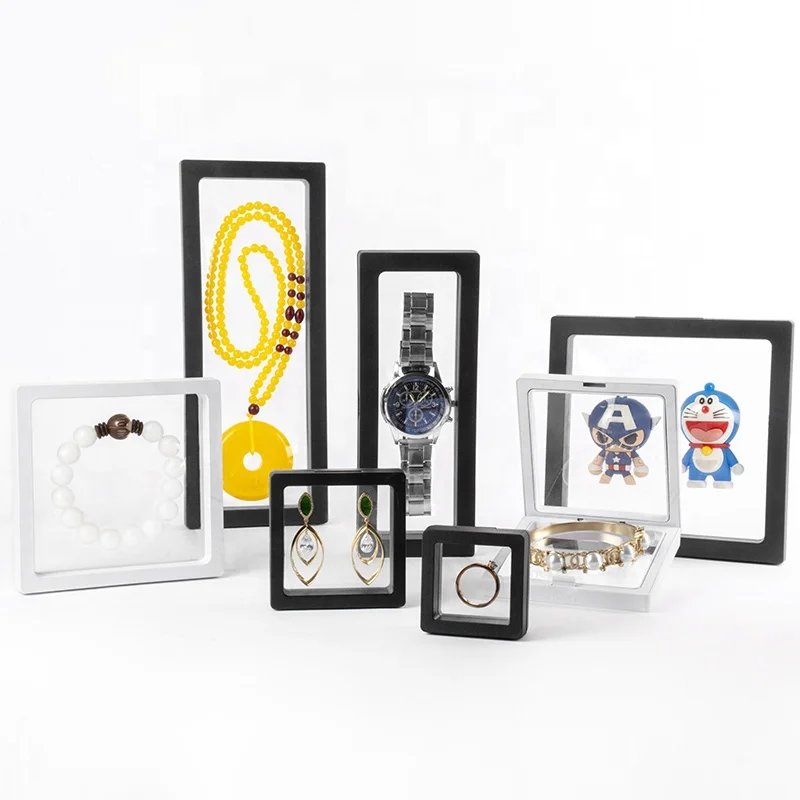 Custom Logo Clear PE Film Suspension Gift Packaging Box Acrylic 3D Square Floating Frame Travel Jewelry Display Box Case