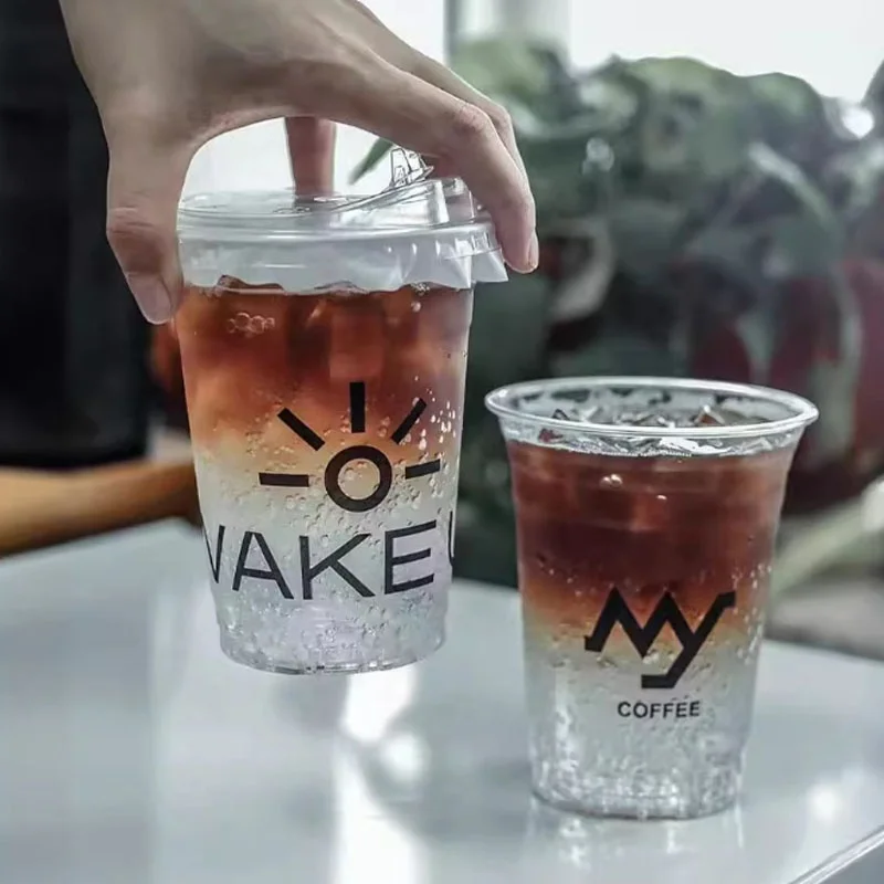 Custom Logo Takeaway PET Material Plastic Cold Coffee Cups Bubble Boba Disposable Transparent Plastic Juice Cups