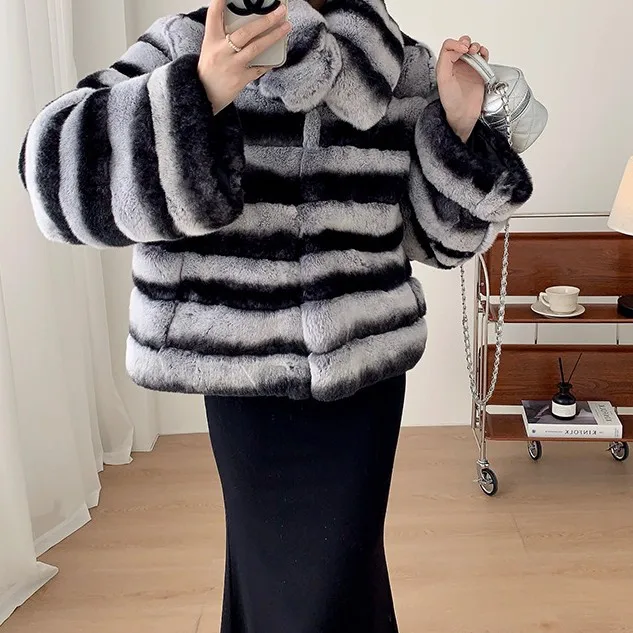 Good Price Whole Natural Women Rex Rabbit Fur Coat Real Full Fur Coat Turn-down Collar Winter Warm Fur Coat