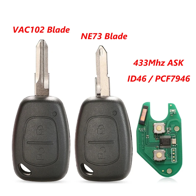 2-Button Car Remote Key Shell Replacement for Renault Vivaro Movano Traffic Kangoo Nissan 433Mhz ID46/PCF7946 Chip
