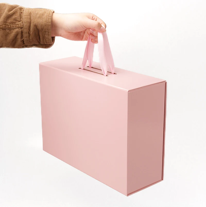 Custom Clothing Paper Box with Ribbon Handle White Black and Pink-Featuring Vanishing Matt and Glossy Lamination