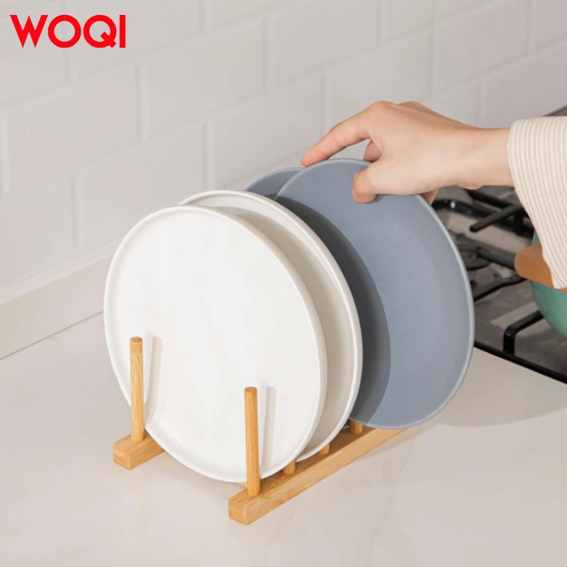 WOQI Multifunction Robust Compact Wood Dish Drainer Bamboo Plate Rack for Cups, Pot Lid, Chopping Board