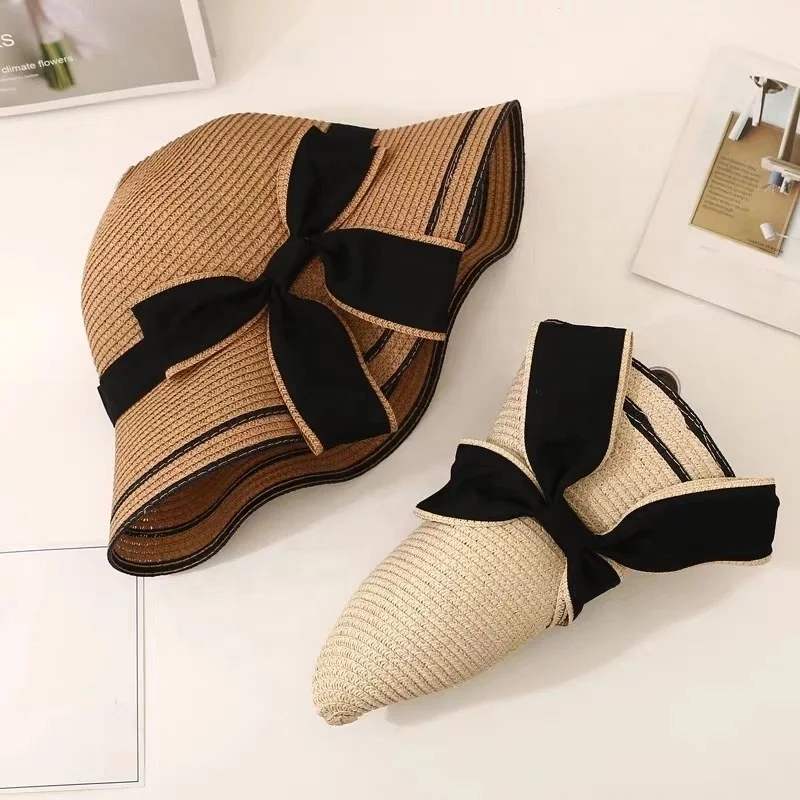 New Hot Selling Solid Women Beach Hats Straw Hat Foldable Beach Sun Hat Roll Up Striped Straw Women