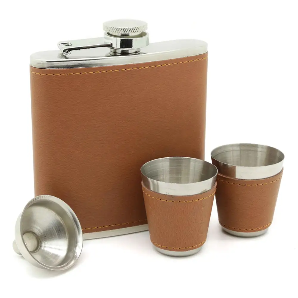 pu leather cover 6oz hip flask with cups set with 2pcs cups and 1pcs funnel hip flask leather gift set