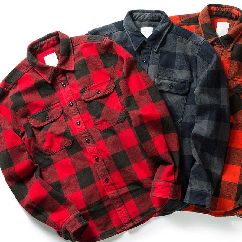 
100% Cotton Extra Heavyweight Black Red Vintage Spring Autumn Winter Long Sleeve Buffalo Plaid Flannel Shirt for Men 