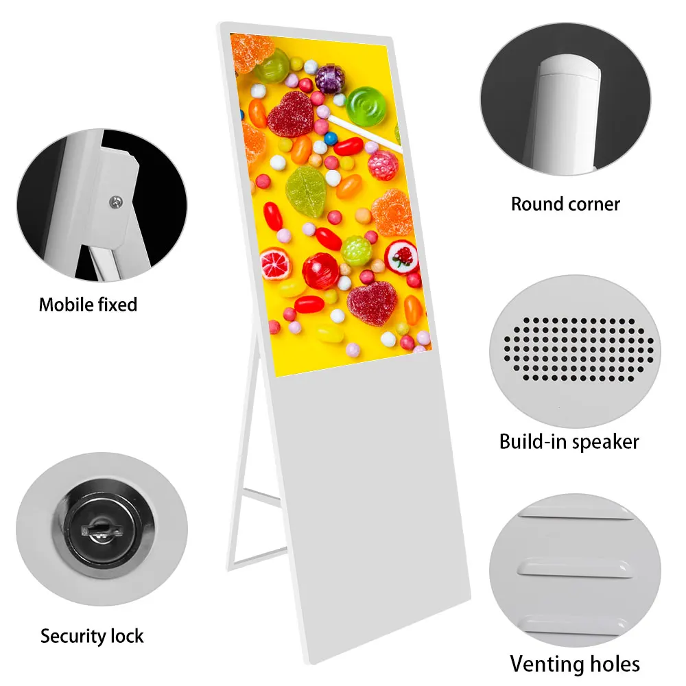 Movable digital poster 43 55 inch indoor lcd advertising players display floor stand portable digital signage