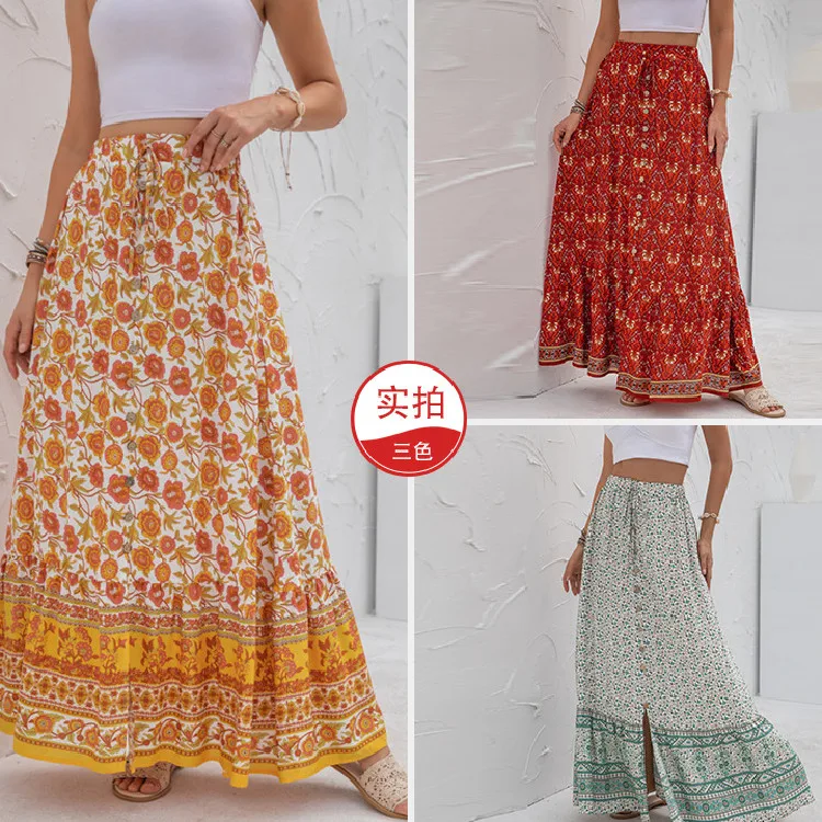 Women Summer High Waist Button Up Skirt Casual Long Maxi Skirts Asymmetrical Skirt