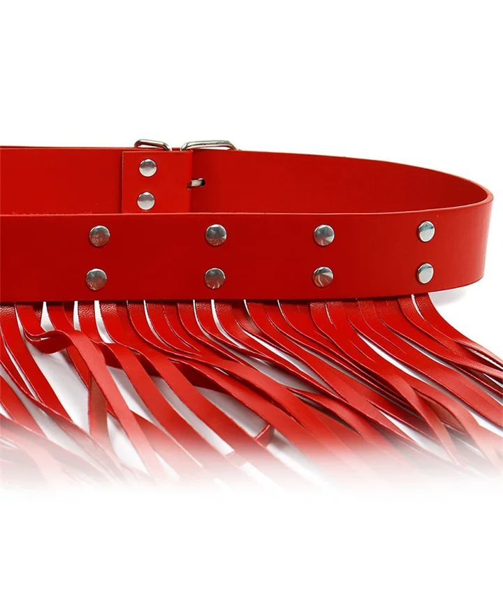 Erotic Costume Bondage Fetish Open Pants Sexy Red Tassel Leather Pole Dance Pants