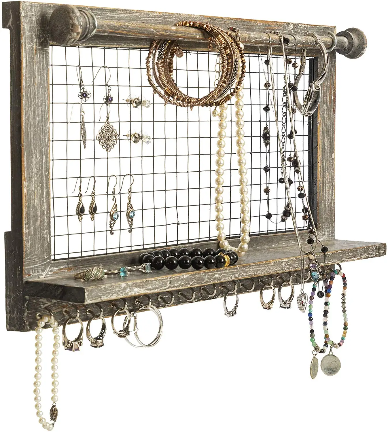 Rustic Jewelry Organizer With Bracelet Rod Wooden Wall Mount Holder For Earrings Necklaces Bracelets