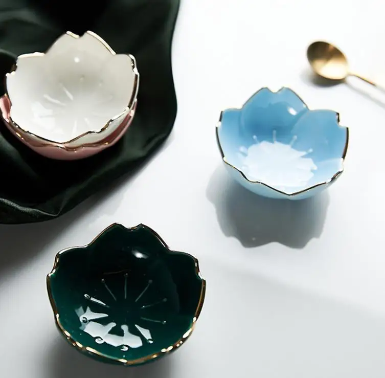 Luxury round Sakura Plate Bowl Set Cherry Blossom Vinegar Soy Sauce Dishes Floral Ceramic Seasoning Dipping for Home Kitchen Use