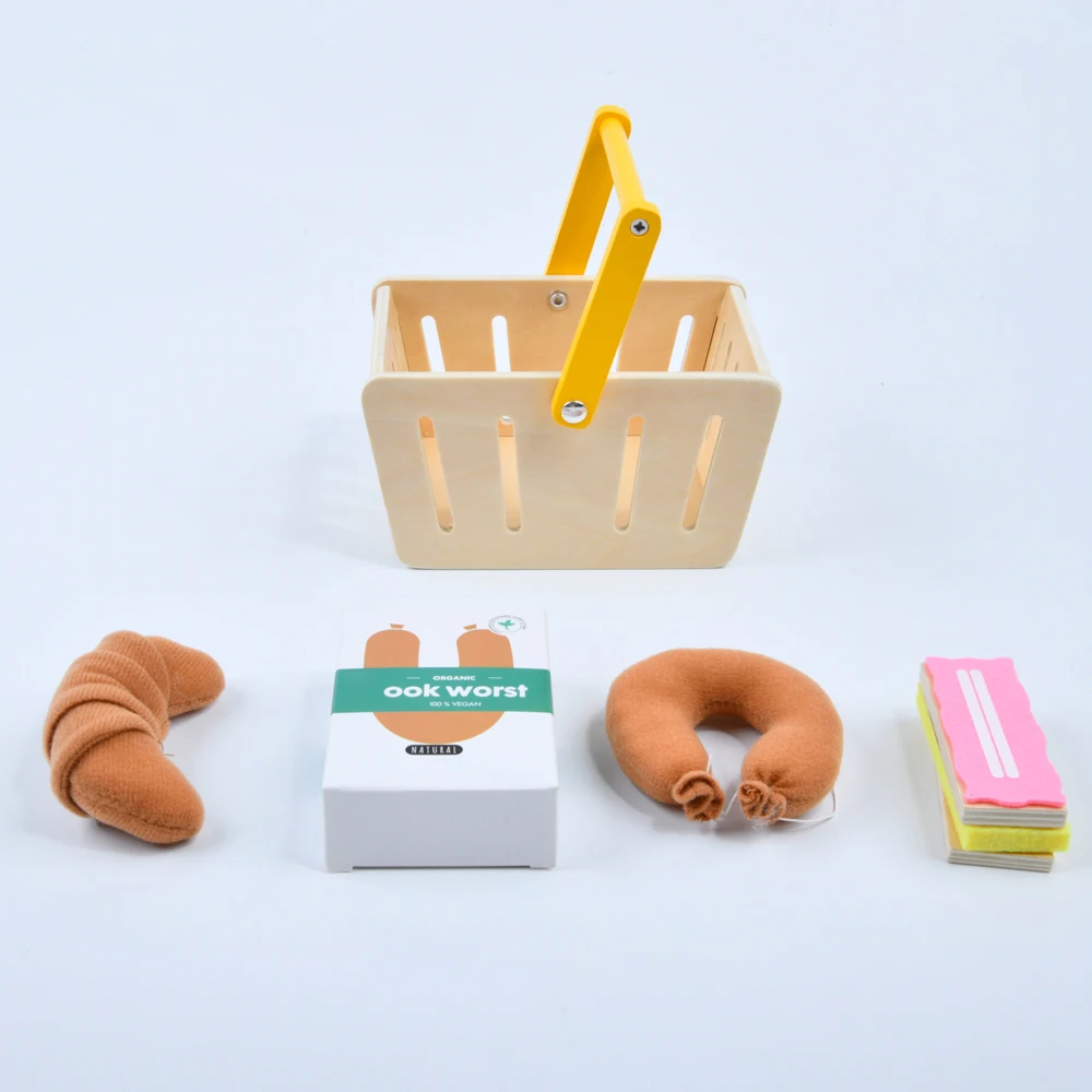 Wooden shopping basket includes sausage and cream slices croissant Simulated home scenario toys plywood water-based paint