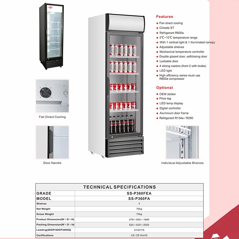 Commercial Beverage Fridge Single Door Upright Display Refrigerator Bar Fridge Beer Cooler Pepsi Cola Showcase Refrigerator