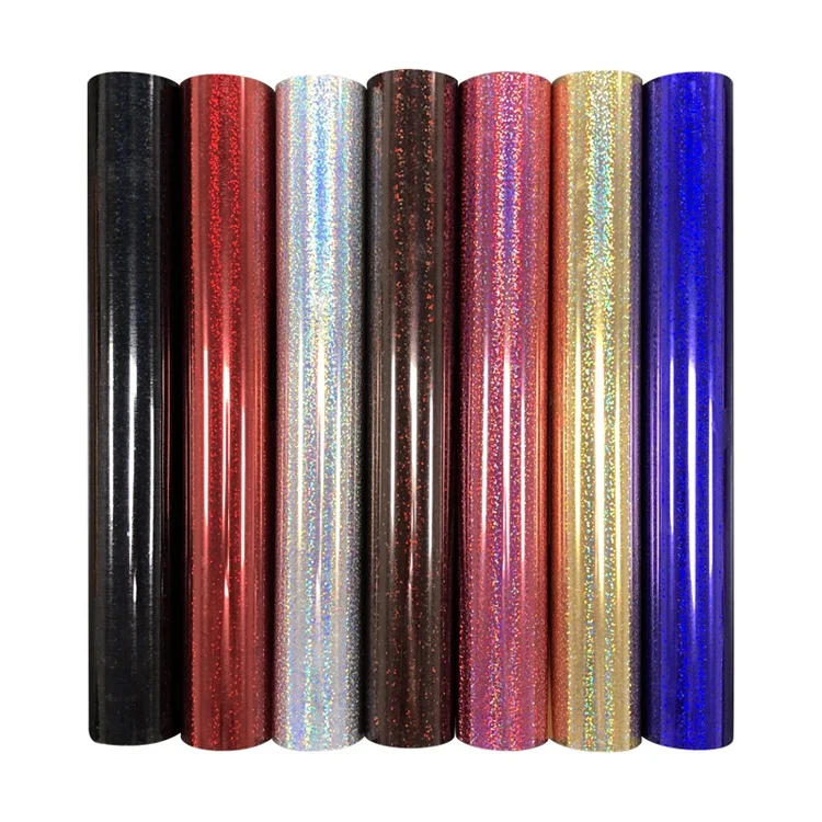 Hot Sale Holographic Heat Transfer Vinyl Glitter HTV For Clothing Textile PET Reflective Thermo Flex Roll Custom Logo