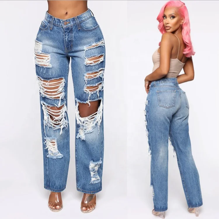 2020 Summer Comfy Stretch Women Washed Ripped Jeans Light Blue Loose Denim Pants