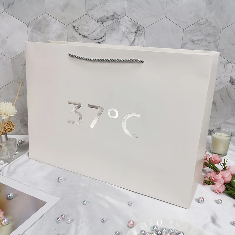 Manufacturer Jewelry Garment Custom Silver Foil Logo Stamping Gray Paper Gift Bag With Fabric Handles