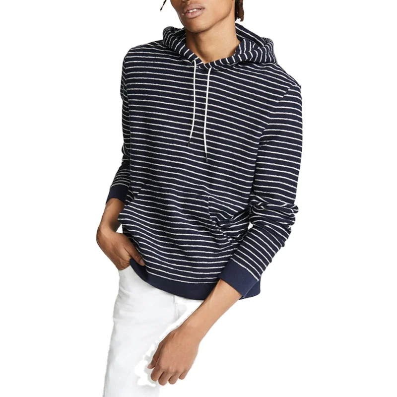 custom Spring Wholesale Custom Logo Long Sleeve Pullover Deep Blue and White Striped Hoodies for Men