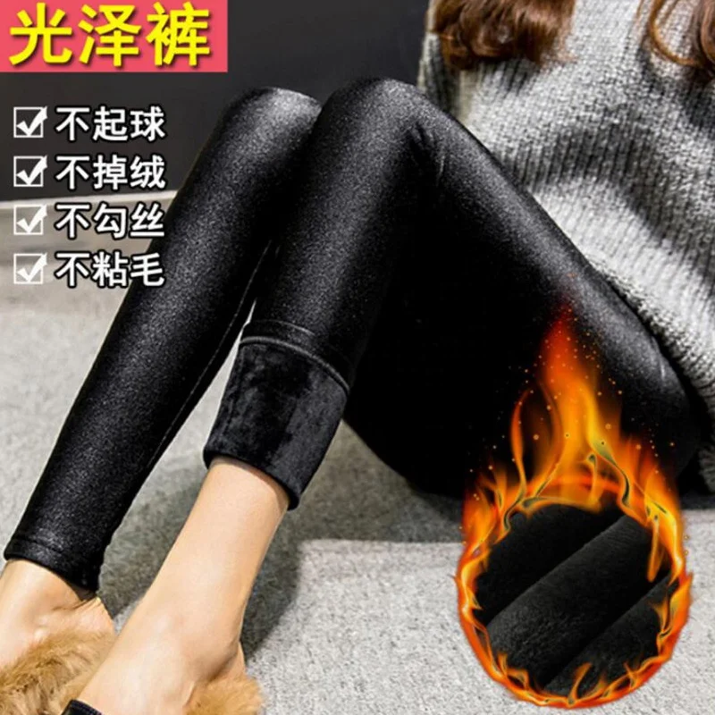 Stock Warm Thick Winter Women Outer Pants Fleece Thermal Black Glossy Tights Soft Stretch High Waist Women Leggings