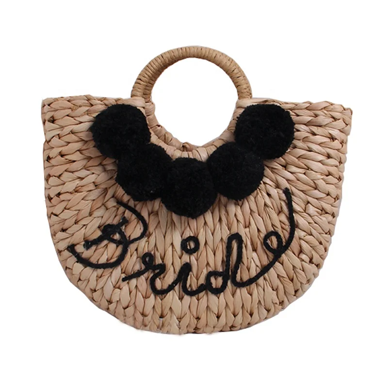 NY women travel beach tote summer handmade corn husk ladies bag accessories personality  bride wifey handbag pompom straw bag