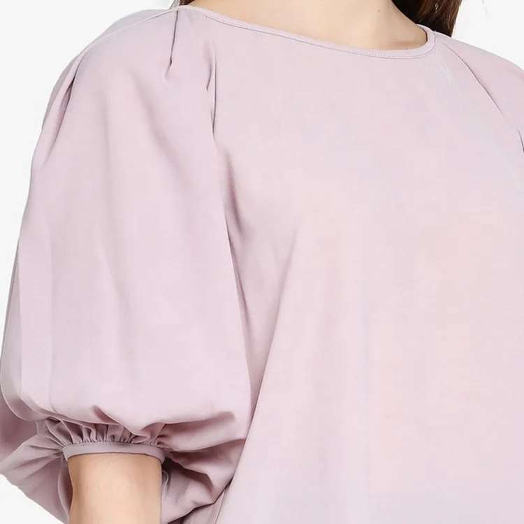 
OEM Latest Fashion Casual Loose Pullover Round Neck Solid tone blouse with pleated sleeves Ladies Top 