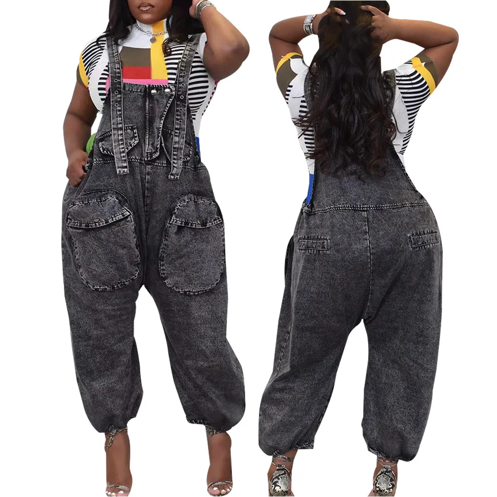 hot sale fashion baggy blue denim jumpsuits overall loose suspenders casual one piece jean rompers women jumpsuit