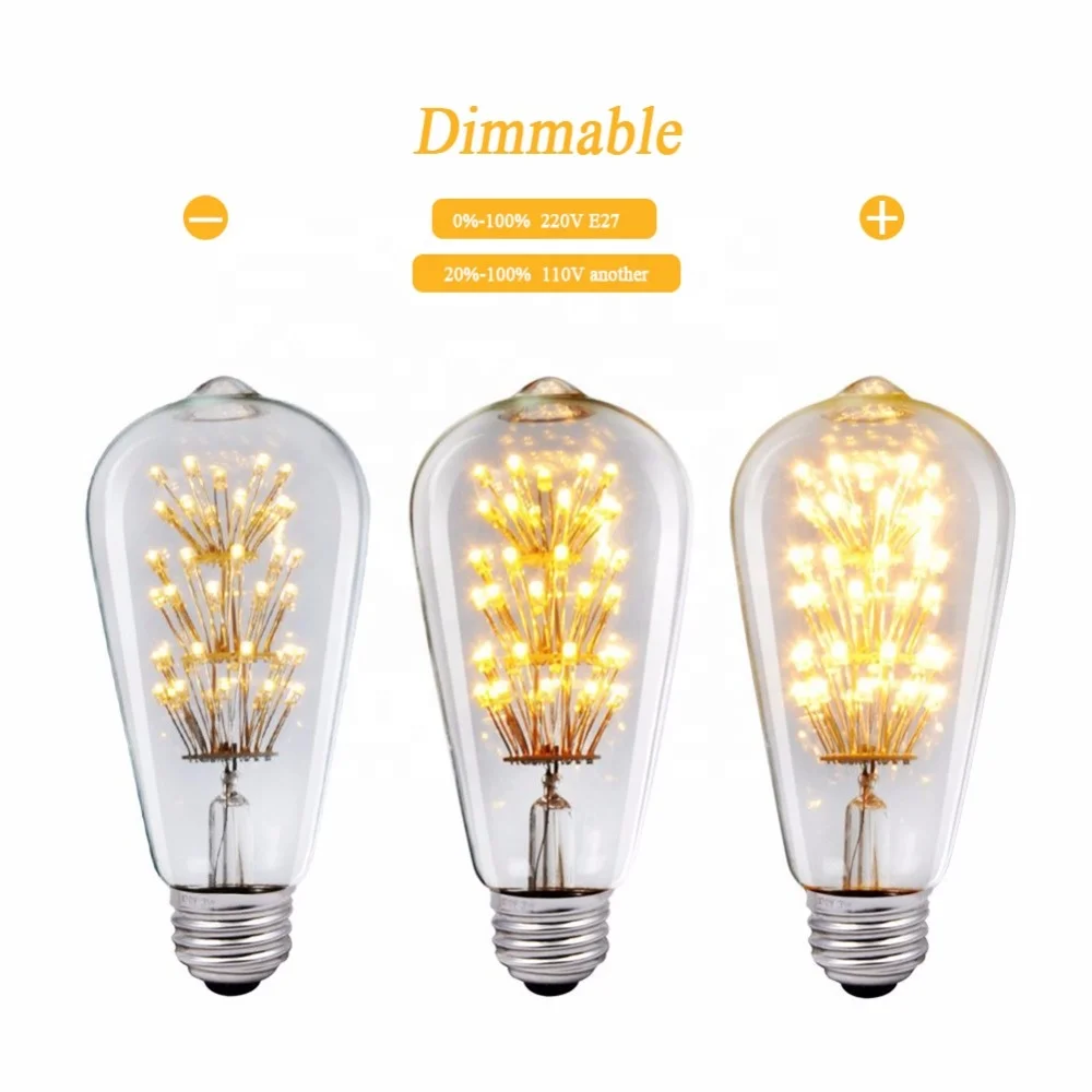 Holiday Lighting home decor Wholesale Dimmable 3W E27 220V ST64 Vintage Globe Starry Led Filament Bulb Firework Lamp Bulb