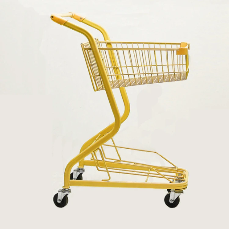 Wholesale Supermarket 2 Tiers Hand Push 4 Wheel Grocery Shopping Trolley Cart