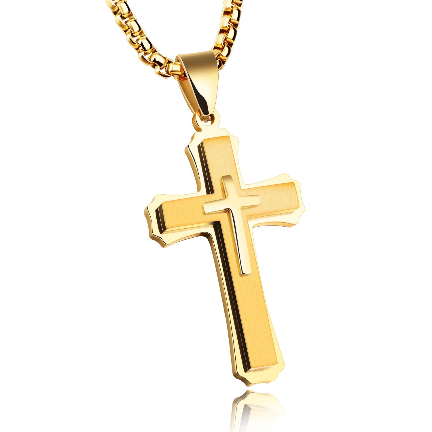 Big Titanium Steel Cross Pendant Necklace for Men Teen Boys Jewelry Three Layers Jesus Crucifix Necklaces with Box
