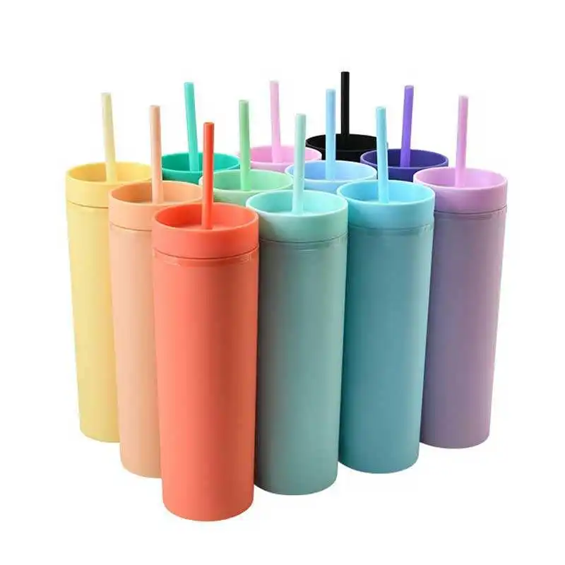 Custom Color 16oz 450ml Slim Skinny Acrylic Pastel Colored Matte Tumblers Plastic Reusable Tumbler Cups with Straw