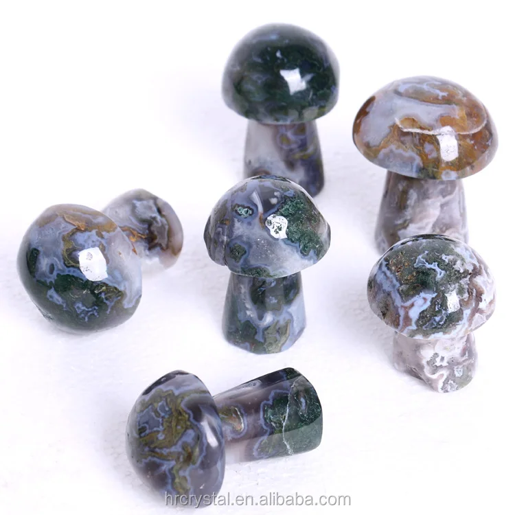 Hot Selling Nature Mushroom Shape Crystal Carved  Moss Agate Mushroom For Decoration