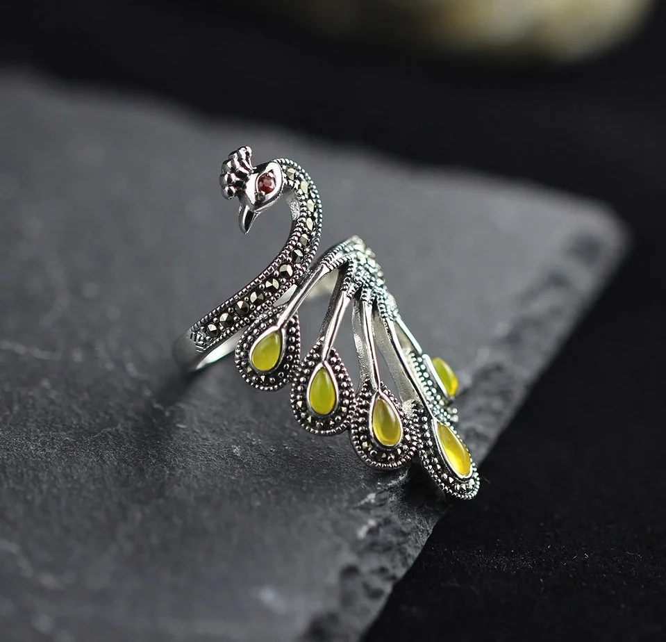 Custom 925 sterling silver colorful gemstone peacock princess design fashion bridal jewelry marcasite ring for women