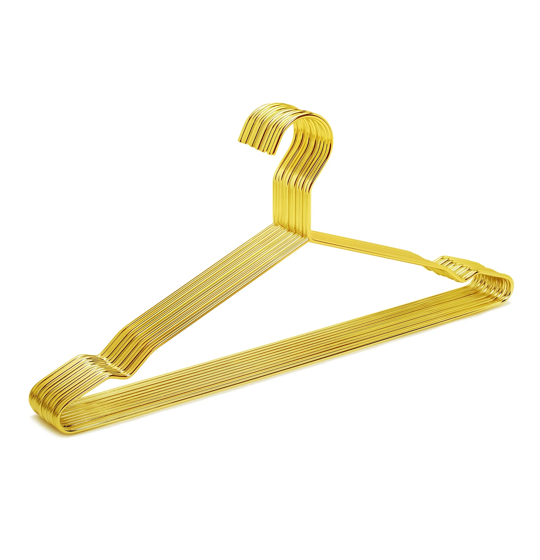 Retail clothing store shiny gold hangers thick metal wire clothes golden