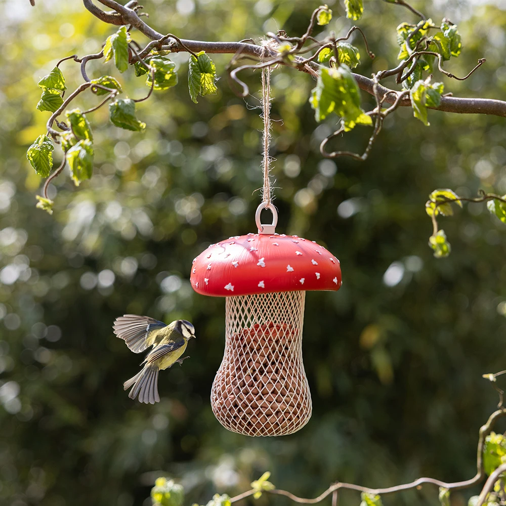 Wonderful! Esschert Design Original design 2024 Trendy Hanging mushroom shape bird feeder, PP & iron Painting & powder coating