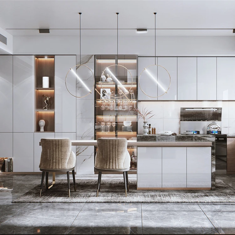 Modern High End Black Single-wall Bespoke Blue Matt Kitchen Cabinet With Large Island