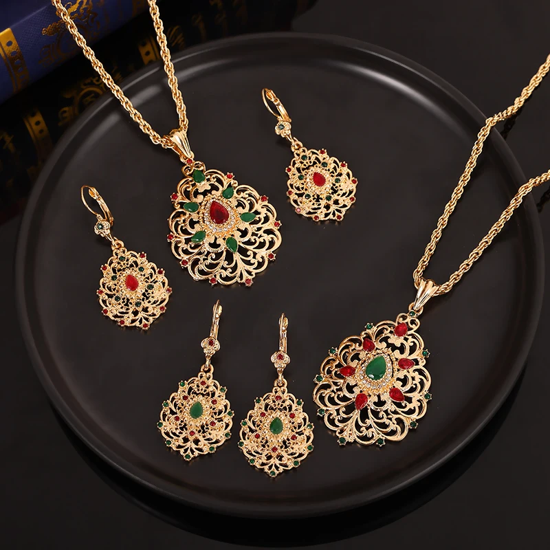 Moroccan-Style Crystal Necklace Earring Set Water Drop Shape Twist Chain Chic Bridal Pendant Eardrop Jewelry Gift