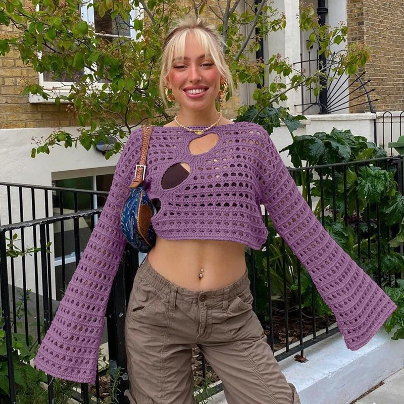 New Arrival fashion women crochet top hollow out sexy long mandarin sleeves crochet sweater