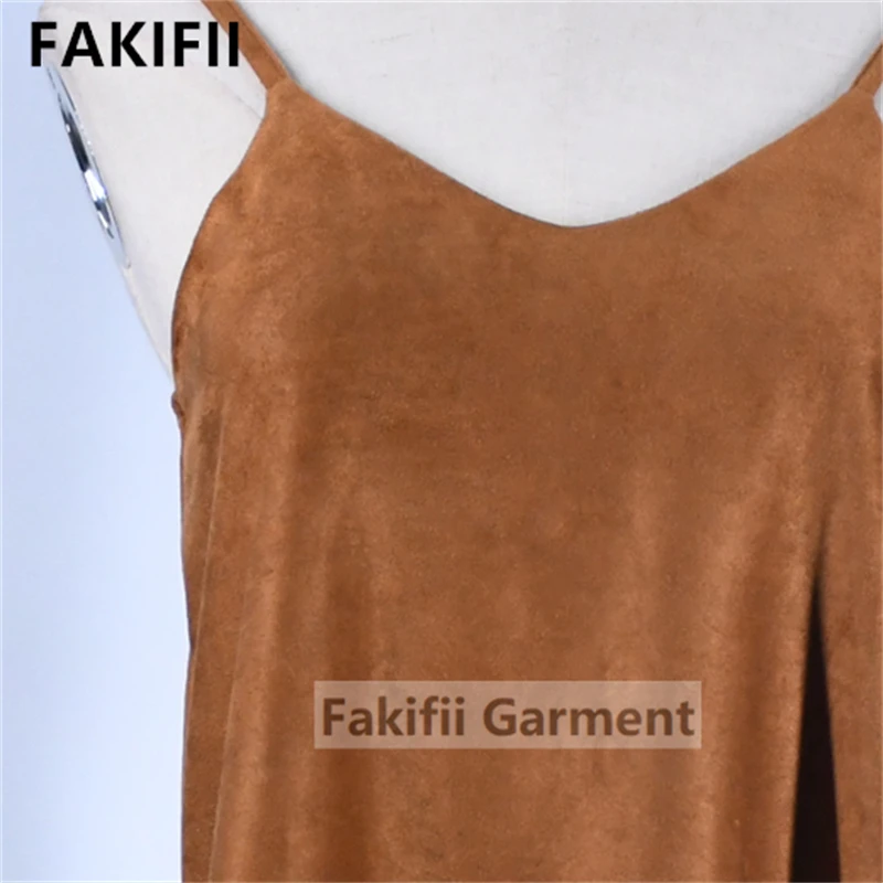 Ladies Dresses 2022 Summer Women Elegant Brown Suede Dress Sleeveless Hollow Out O Neck Dresses Women lady elegant